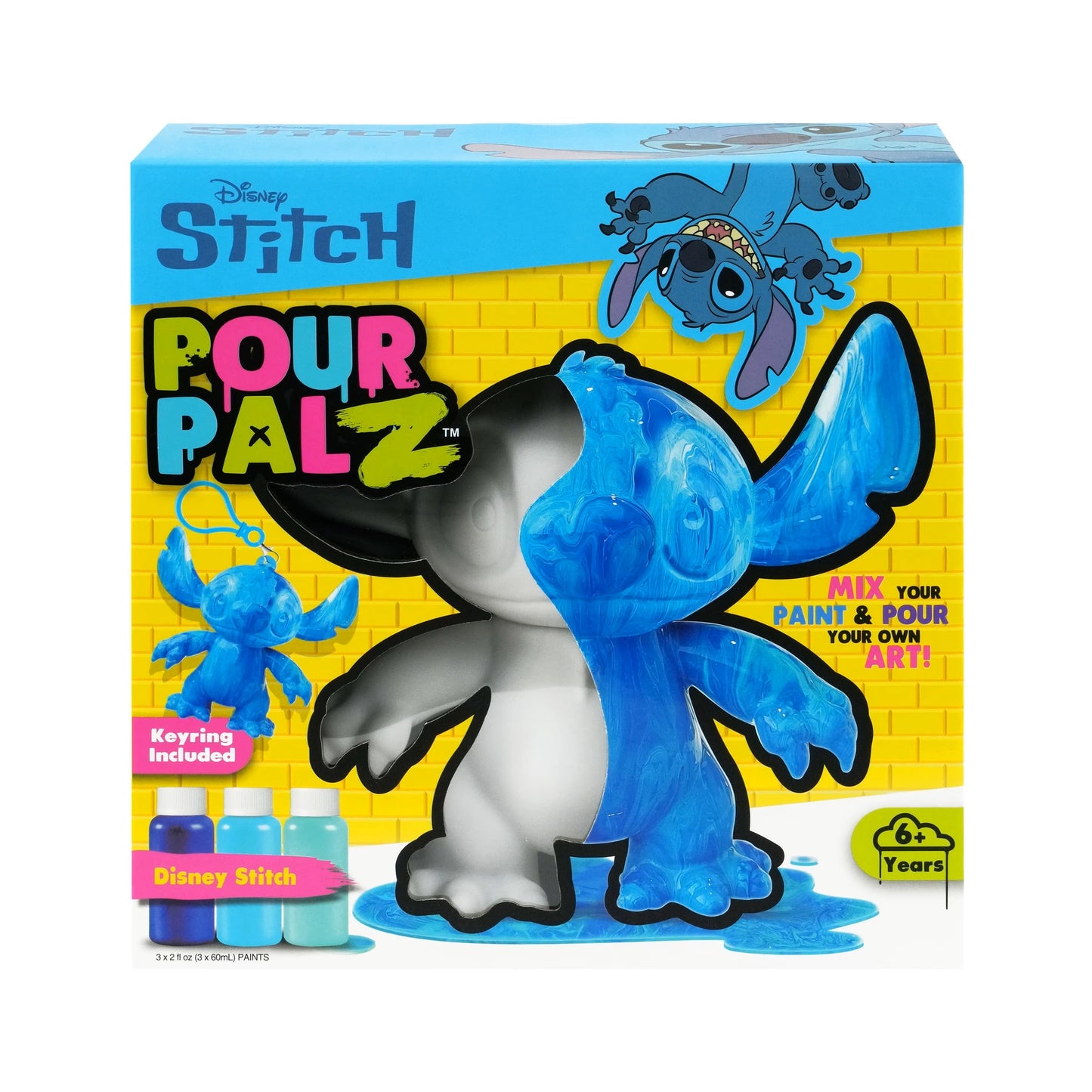 Pour Palz Disney Stitch DIY Art Kit box showing blank Stitch figure, completed blue marbled Stitch, 3 paint bottles and bonus Stitch keyring