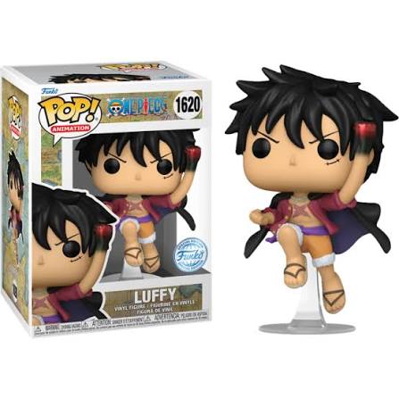 Funko Pop! Animation One Piece Luffy #1620 Special Edition vinyl figure in mid-air flying pose with cape, mounted on display stand, next to window box with SE sticker