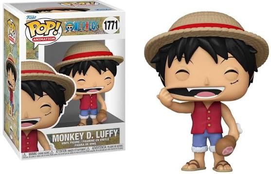 Funko Pop! Animation One Piece Monkey D. Luffy #1771 vinyl figure in classic laughing pose with straw hat and meat, displayed next to window box packaging