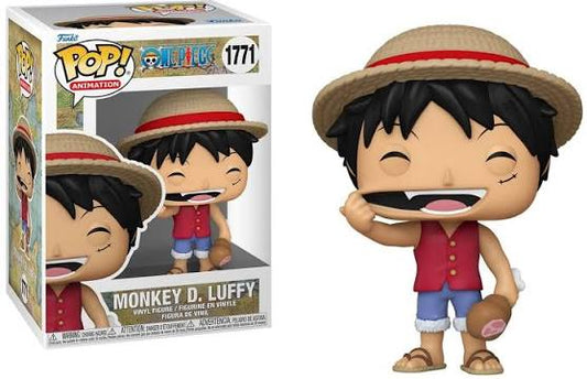 Funko Pop! Animation One Piece Monkey D. Luffy #1771 vinyl figure in classic laughing pose with straw hat and meat, displayed next to window box packaging