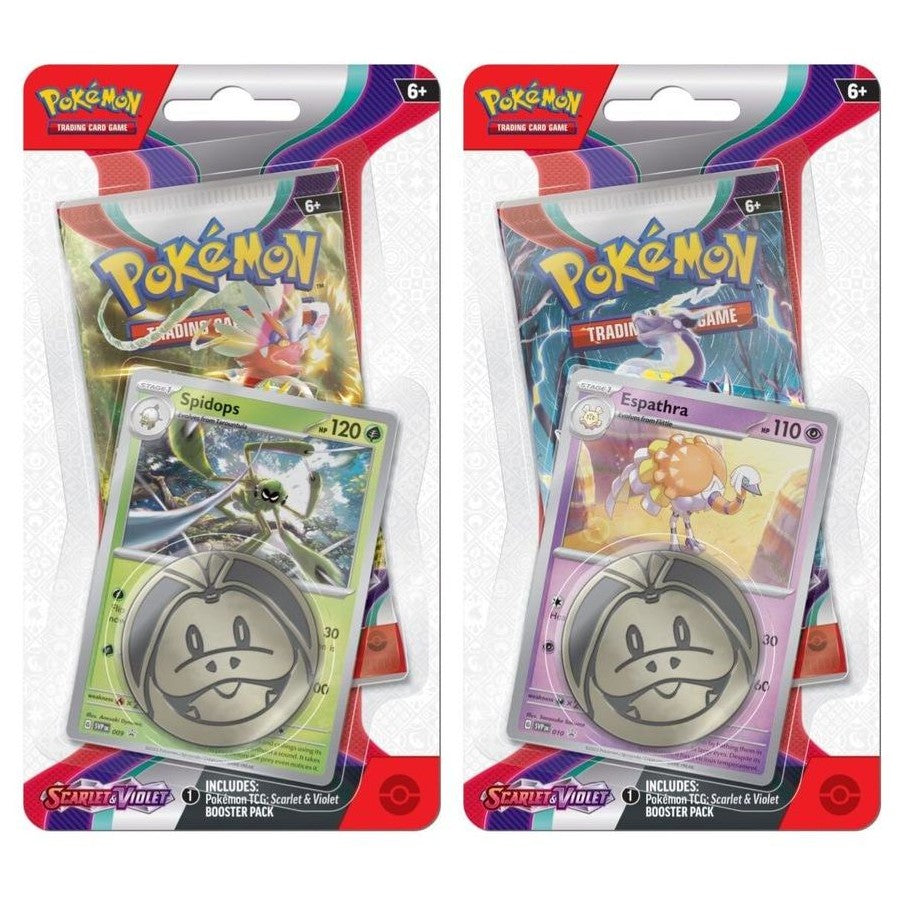 Pokémon TCG Scarlet & Violet Checklane Blister Packs showing both variants: Spidops (left) and Espathra (right), each with a booster pack, foil promo card and collectible coin