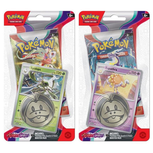 Pokémon TCG Scarlet & Violet Checklane Blister Packs showing both variants: Spidops (left) and Espathra (right), each with a booster pack, foil promo card and collectible coin
