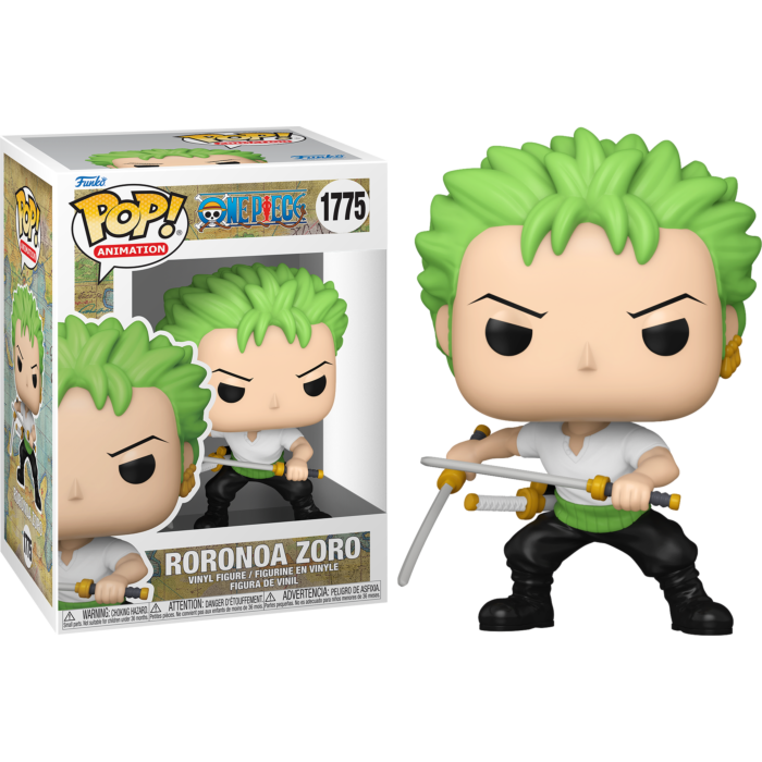 Funko Pop! Animation One Piece Roronoa Zoro #1775 vinyl figure with green hair in fighting stance holding two swords, displayed next to window box packaging