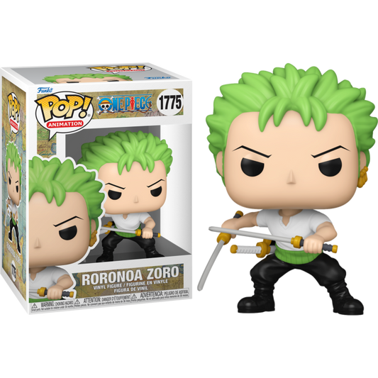 Funko Pop! Animation One Piece Roronoa Zoro #1775 vinyl figure with green hair in fighting stance holding two swords, displayed next to window box packaging