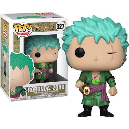 Funko Pop! Animation One Piece Roronoa Zoro #327 vinyl figure with teal hair and green sash in classic relaxed stance, displayed next to window box packaging